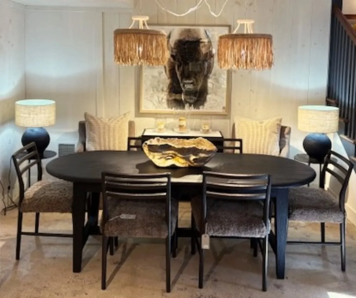 If you need a new dining room for Thanksgiving, we have one. 
Oval wood Dining Table and shearling and wood Dining Chairs,  Sideboard, Lamps, Pendants, Wall Art. 
#familygathering #holidayready #cozyhome #warmbythefire #openeveryday #newprestonct #sm