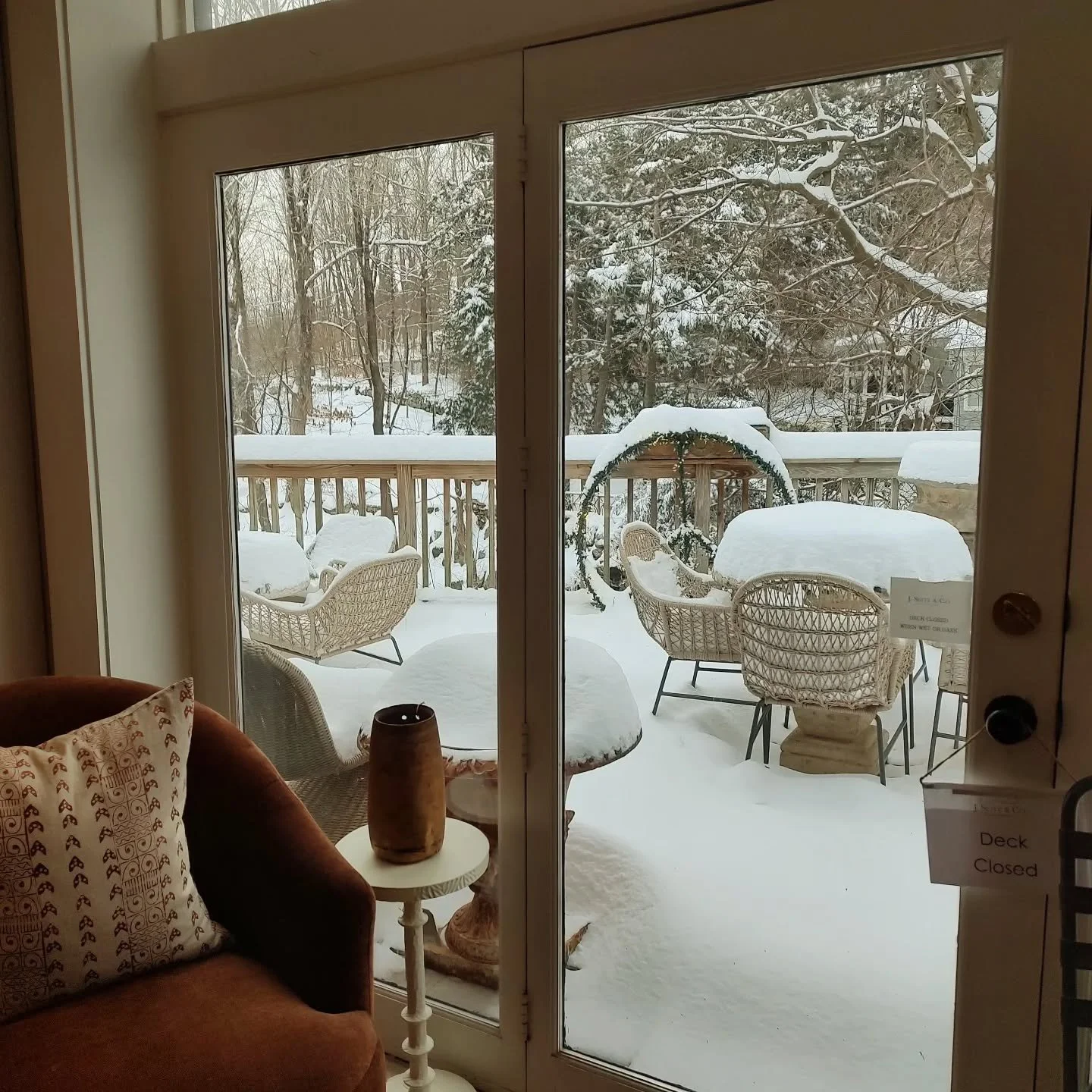 Through the back door, our snowy waterfall viewing deck.  #wintermarkdowns #newprestonfalls #happynewyear