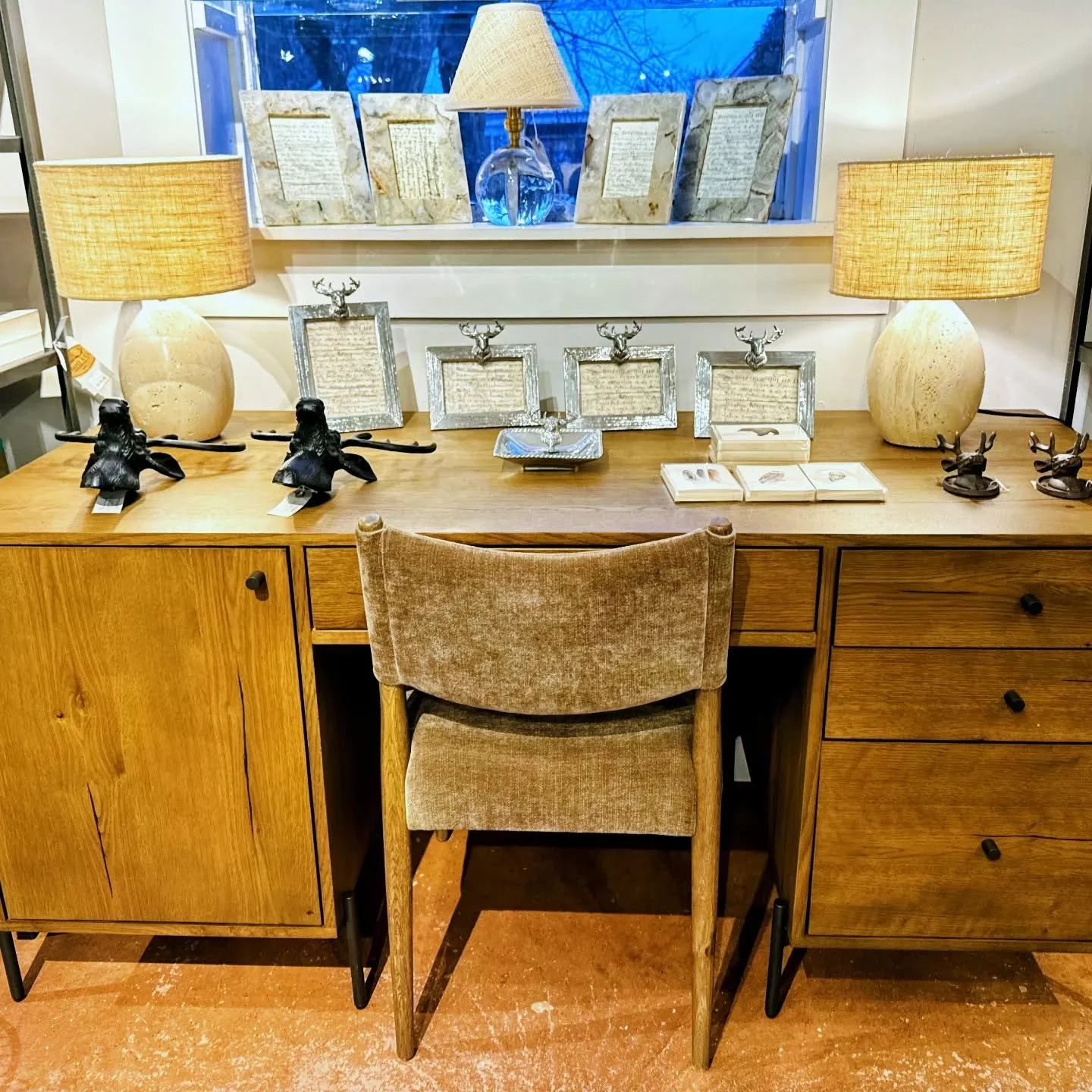 Beautiful wooden desk with metal legs and ample storage just arrived today Paired with a vintage velvet desk chair, this combo is a winner.  #homeoffice #workmotivation #sustainable #openeveryday #newprestonct