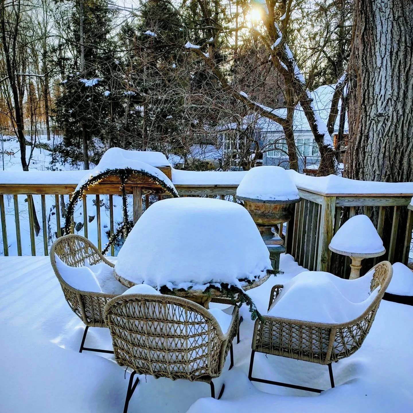 A spectacular snow scape that feels like a sculpture garden! 
Our waterfall viewing deck is a thing of beauty.  #outdoorfurniture #preseasonsale #planahead #wintersale #openeveryday