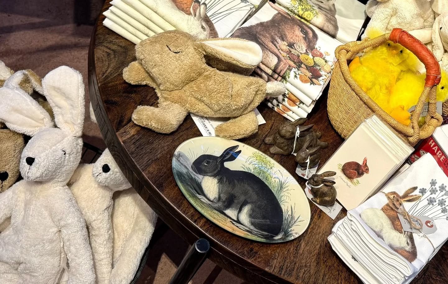 Easter is coming.  Is your basket full?  #heirloomstuffies #johnderianbunnyplate #teatowelsandnapkins #artisanmadebaskets #cardsandironbunnies