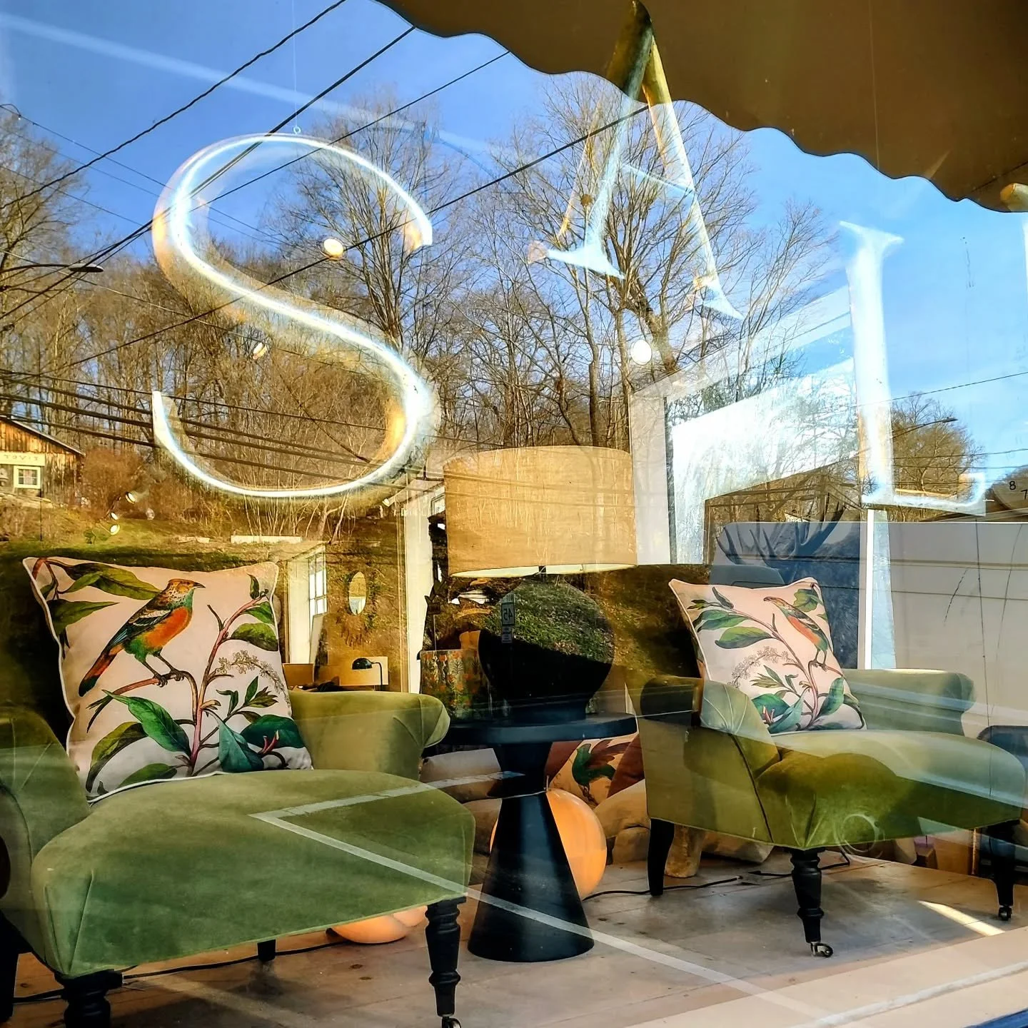 In our window, green velvet chair pair with casters.. Settee too.  @leeindustries.#grassgreen #birdpillows #instock #shoplocal #newprestonct