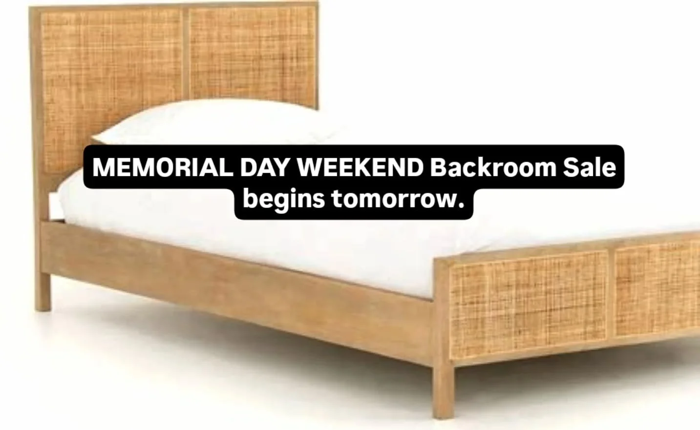 This sweet little cane Twin Bed is in our Backroom Sale.  Includes an organic mattress.  Perfect for guest bed or kids room.  #backroomsale #memorialdayweekendsale #savings #upholstery #39years