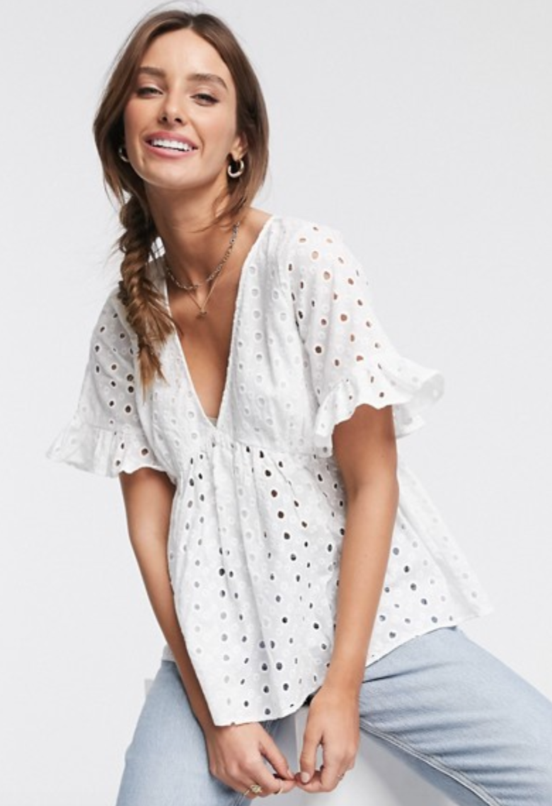 ASOS Design  , Broderie smock top with fluted sleeve in white