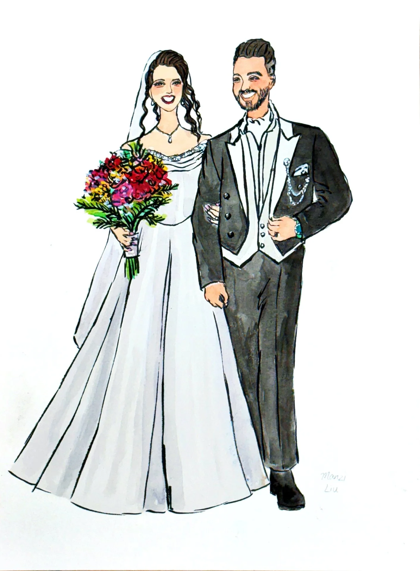 bridal gift custom portraits married wedding couple art drawing.custom