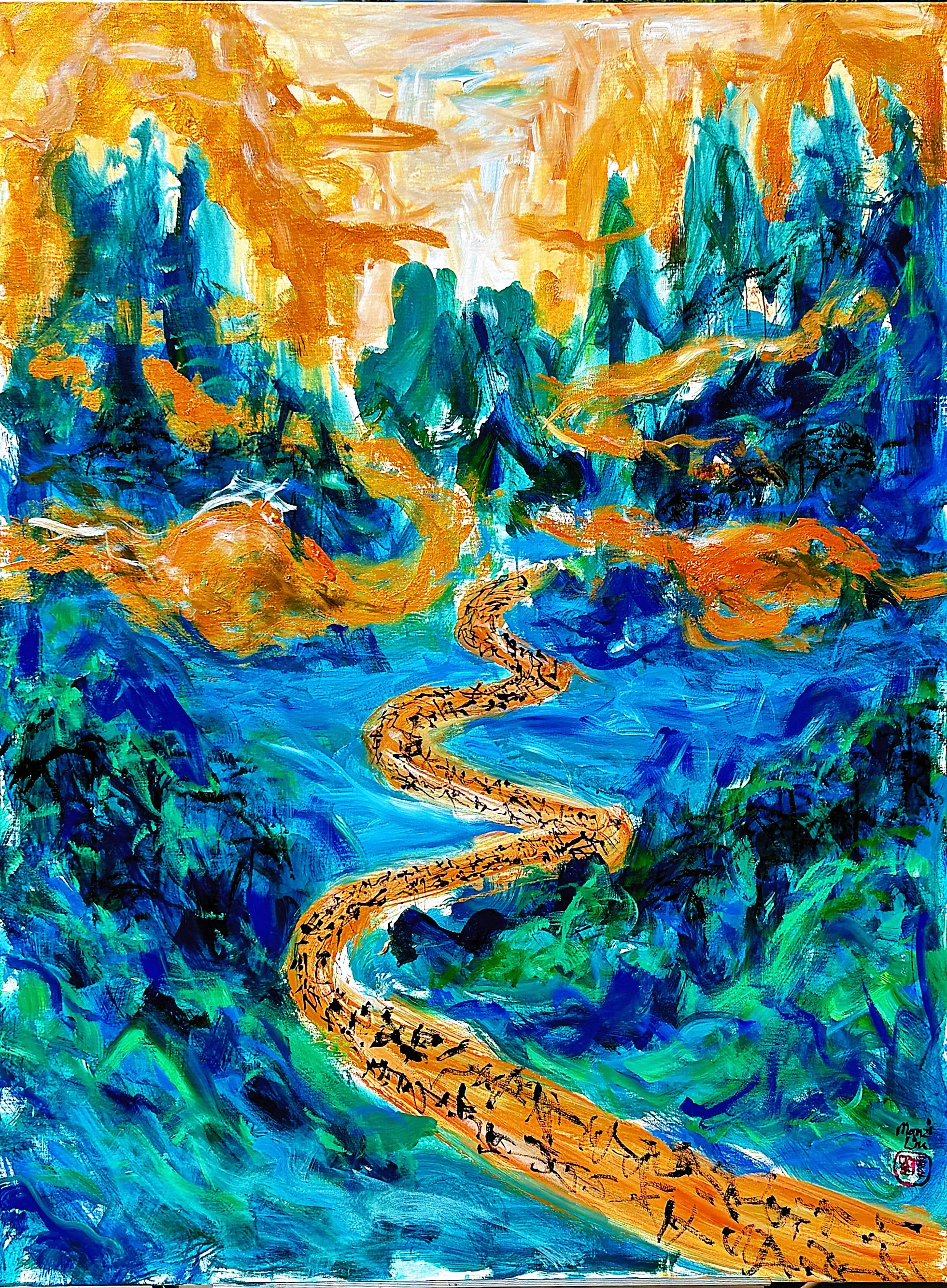 An abstract painting of a winding yellow snake with black markings, surrounded by lush green and blue foliage, and a vibrant orange sky in the background.