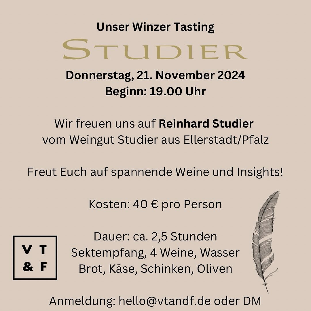 🍇🍇 Weingut Studier - Moderne Weine im Einklang mit der Natur 🍇🍇

🥂 Freut Euch auf unser n&auml;chstes Winzer Tasting! 🥂

Am Donnerstag, den 21. November 2024 d&uuml;rfen wir um 19.00 Uhr Reinhard Studier vom Weingut Studier bei uns begr&uuml;&s
