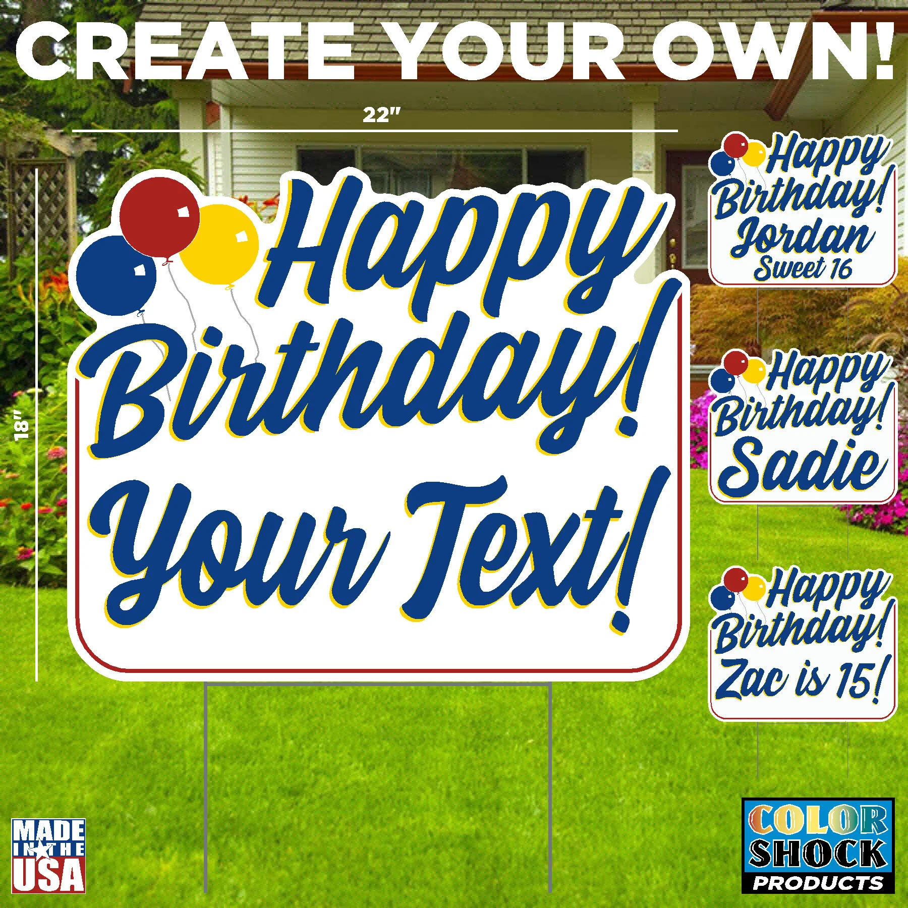 Happy Birthday Lawn Sign (BLUE) with Balloons Add your own text