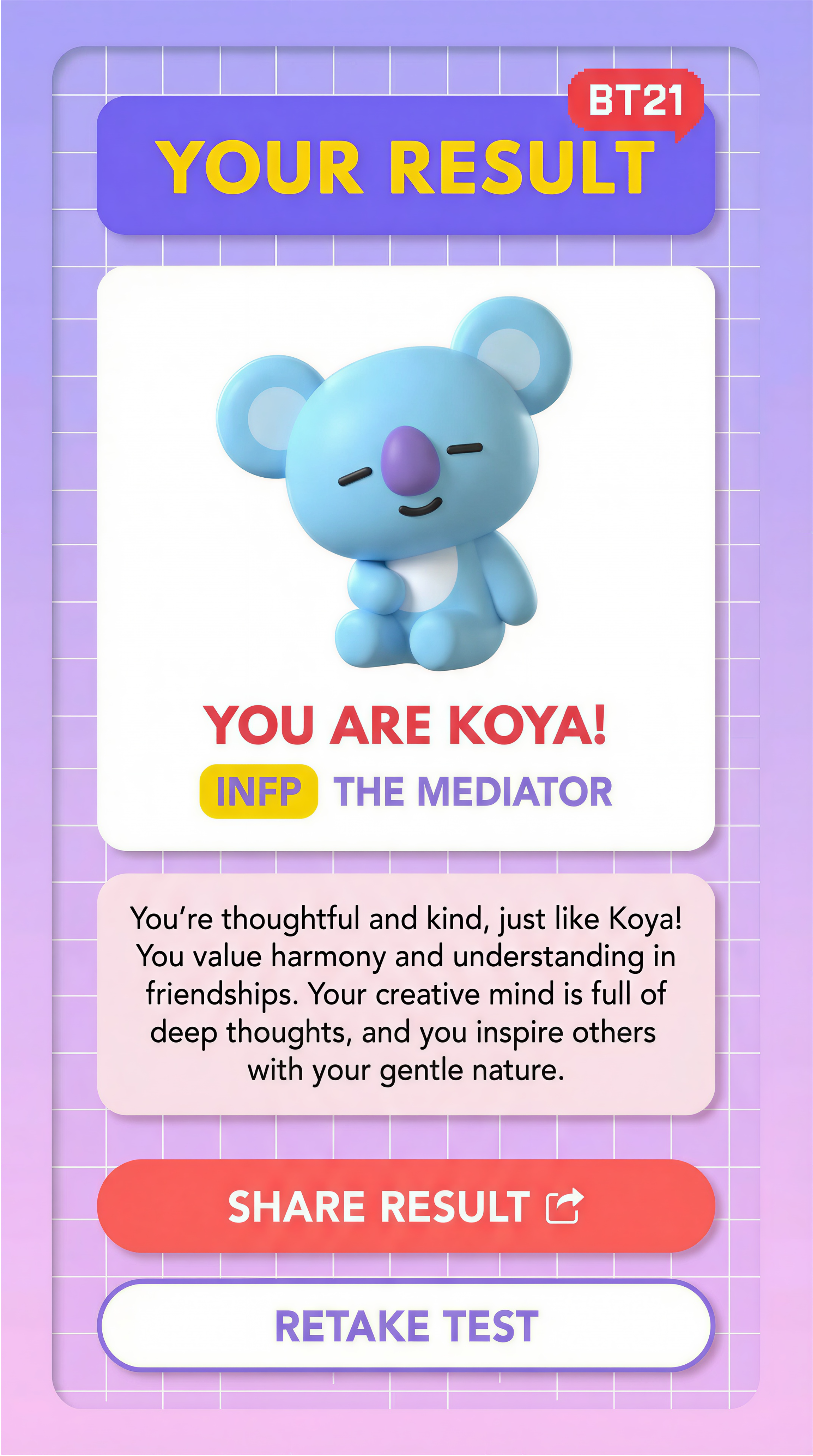 BT21 Personality Test Result Page