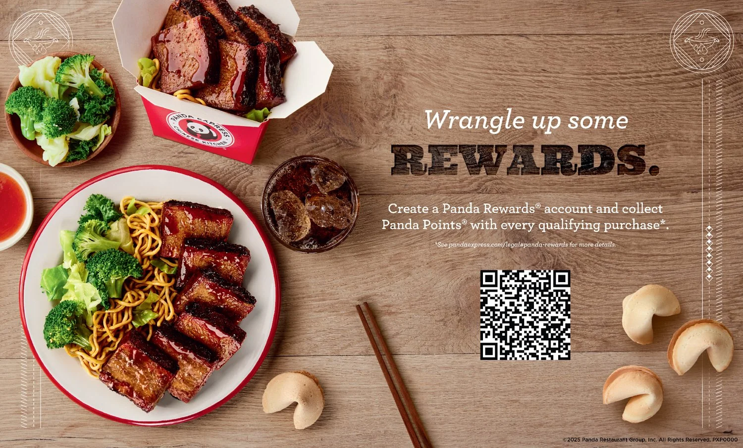 Overhead Panda Express Cantonese BBQ Brisket meal promoting Panda Rewards in a commercial restaurant advertising campaign.