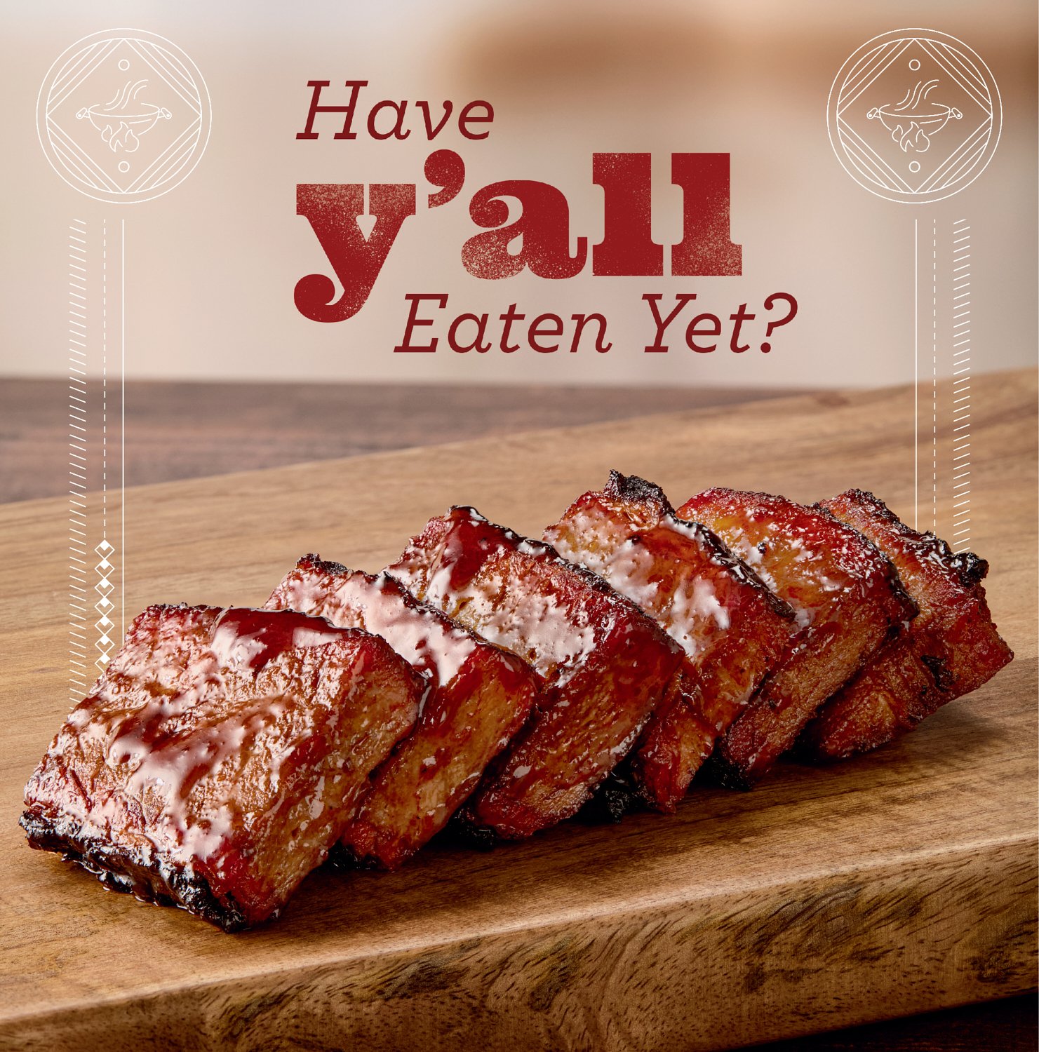 Close-up food photography of Panda Express Cantonese BBQ Brisket highlighting caramelized glaze and smoky texture for menu board advertising.