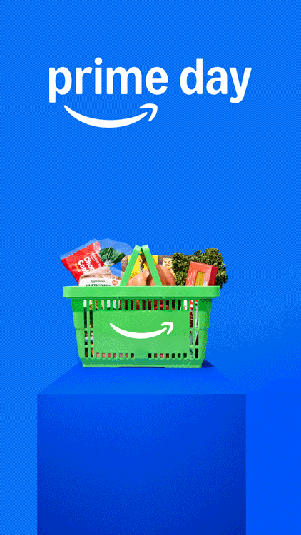 Front-facing view of Amazon Fresh groceries on a conveyor belt with Prime Day branding on a blue set.