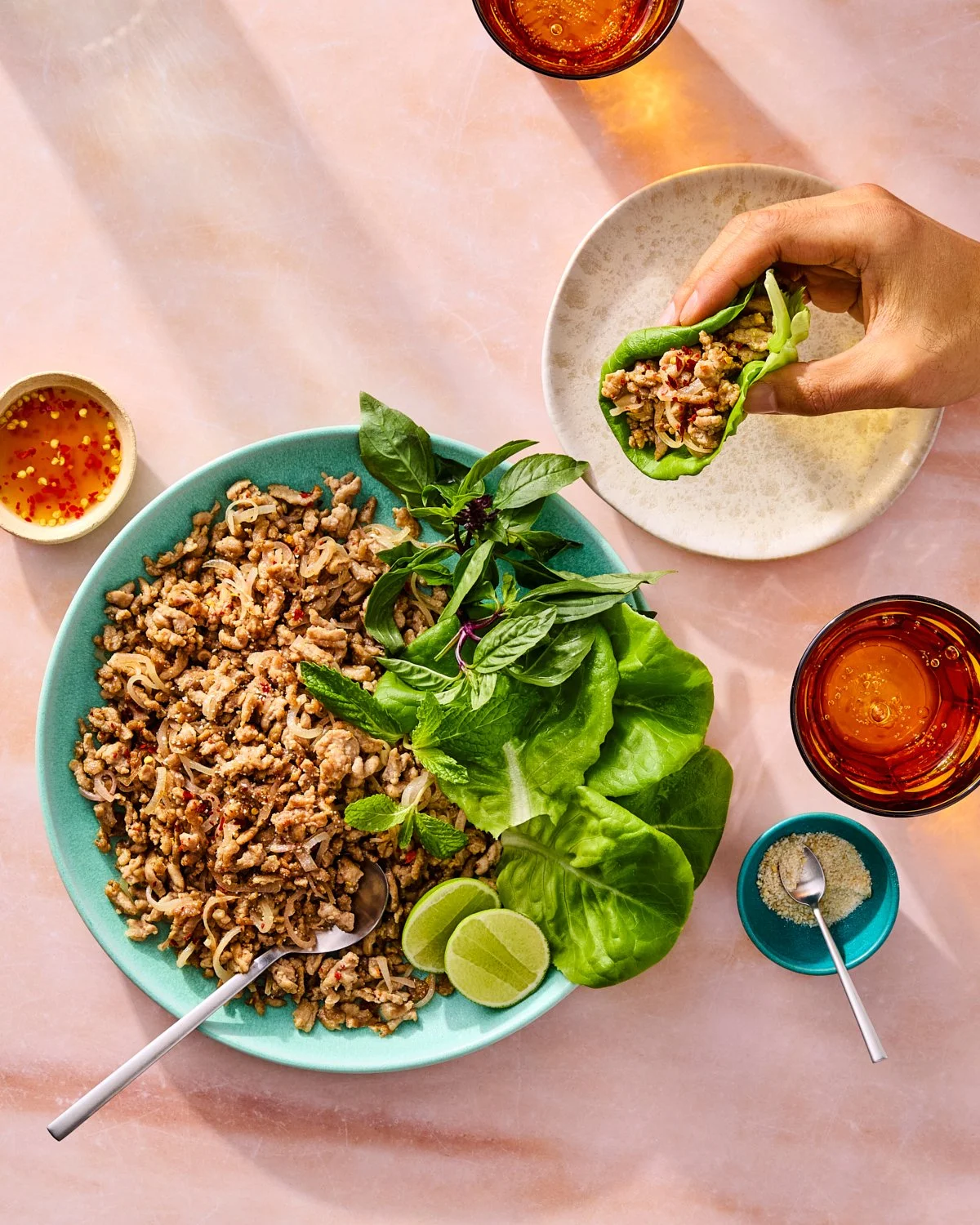 Thai ground pork larb cups with herbs, lime, and lettuce for National Pork Board.