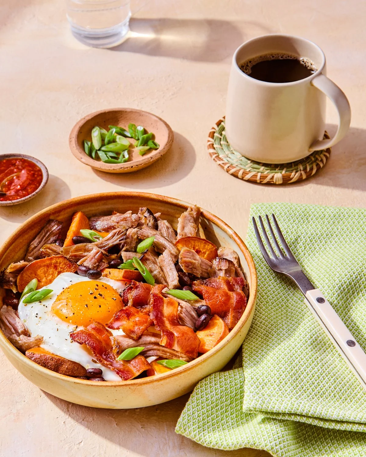 Pulled pork and sweet potato breakfast bowl with egg and avocado for National Pork Board.