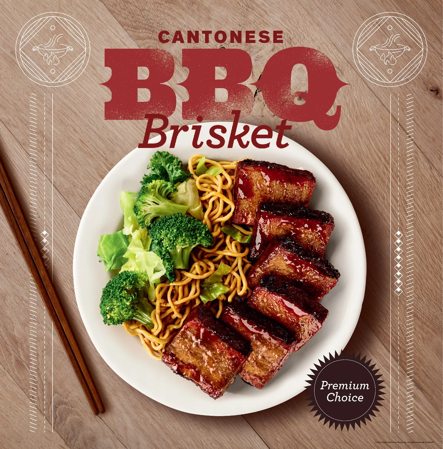 Overhead food photography of Panda Express Cantonese BBQ Brisket with chow mein and broccoli for restaurant menu boards.
