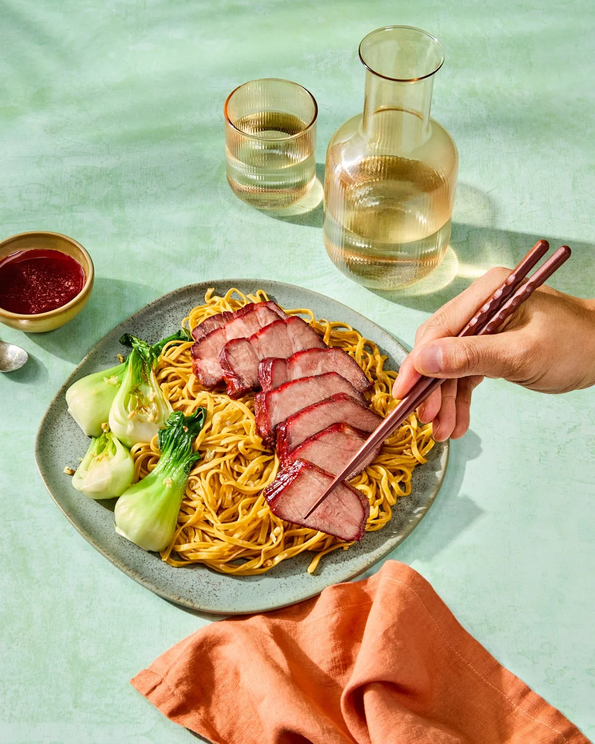 Grilled char siu pork with rice, bok choy, and chopsticks for National Pork Board.