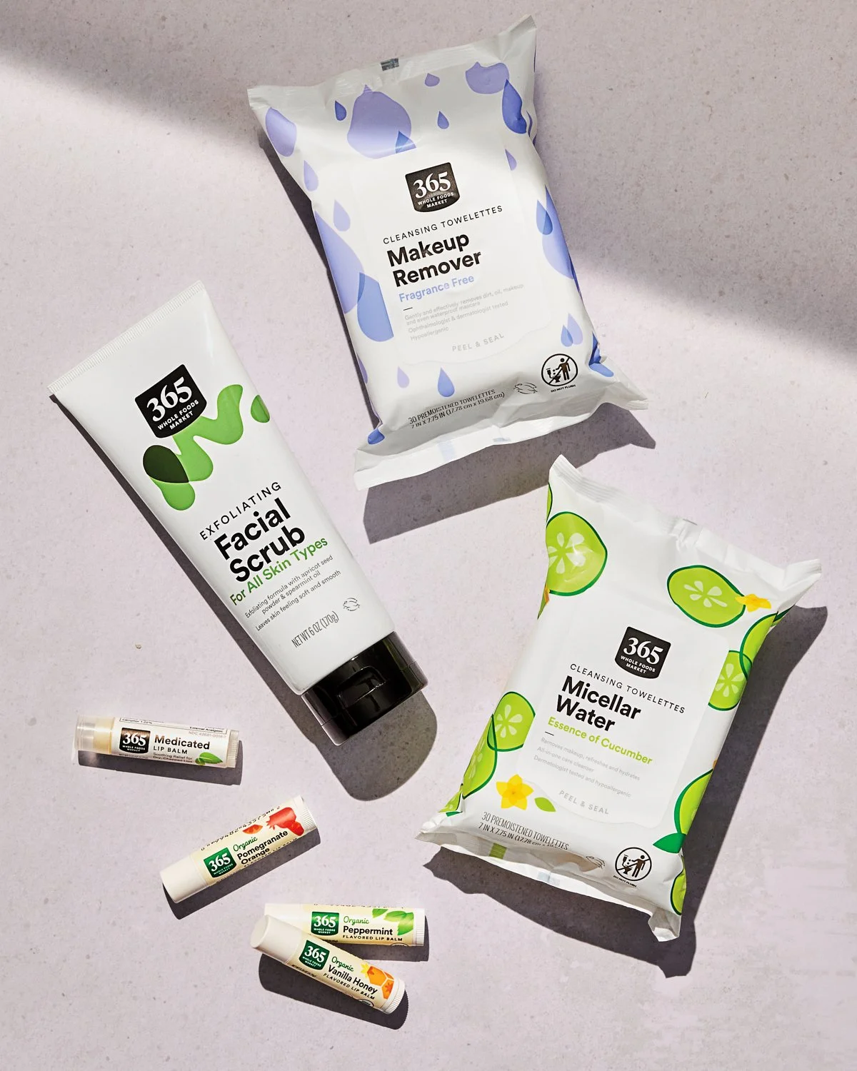 365 Whole foods market skin care products, commercial photograph taken by commerical photographer Leslie Grow, Austin TX