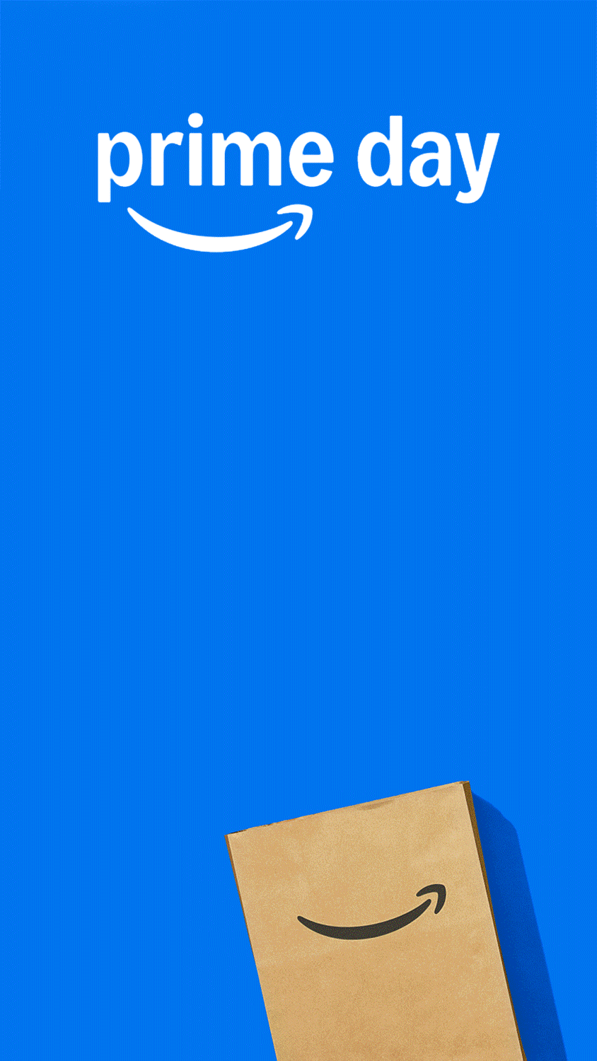 Amazon Fresh delivery bag tipping forward with groceries spilling out against a bright blue Prime Day background.