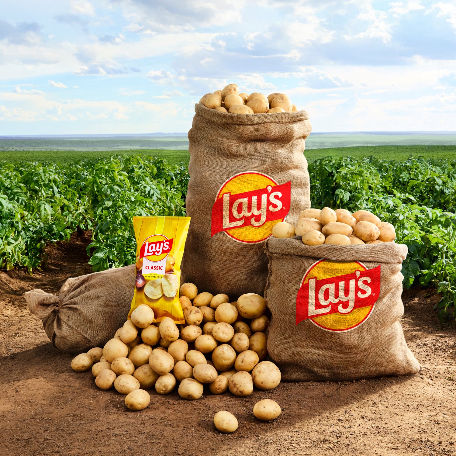 Commercial brand photography for Lay’s shot on a working potato farm in New Mexico, capturing open fields, soil texture, and natural light tied to the brand’s Rooted in Real campaign.