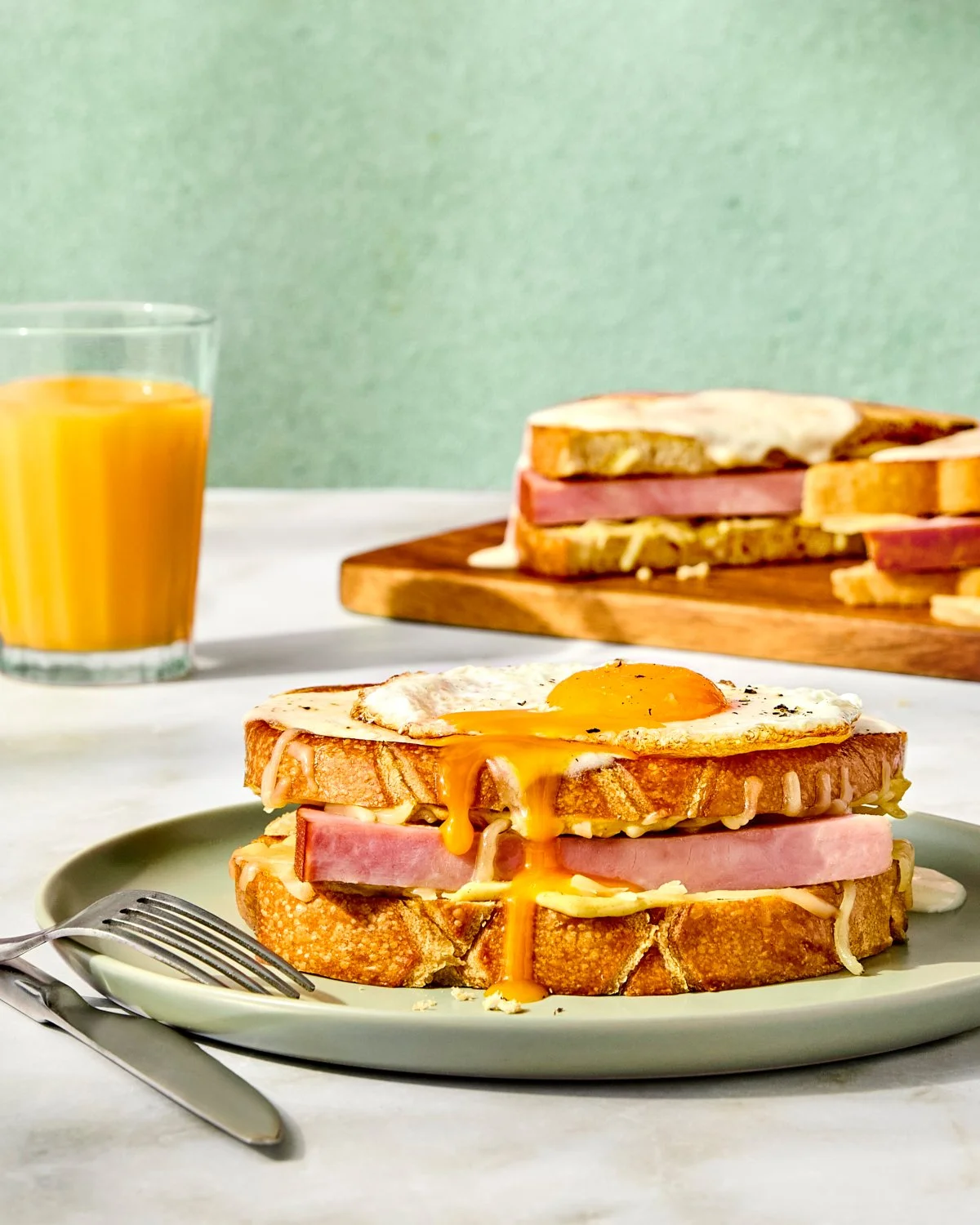 Croque monsieur sandwich with ham steak, cheese, and brunch styling for National Pork Board.