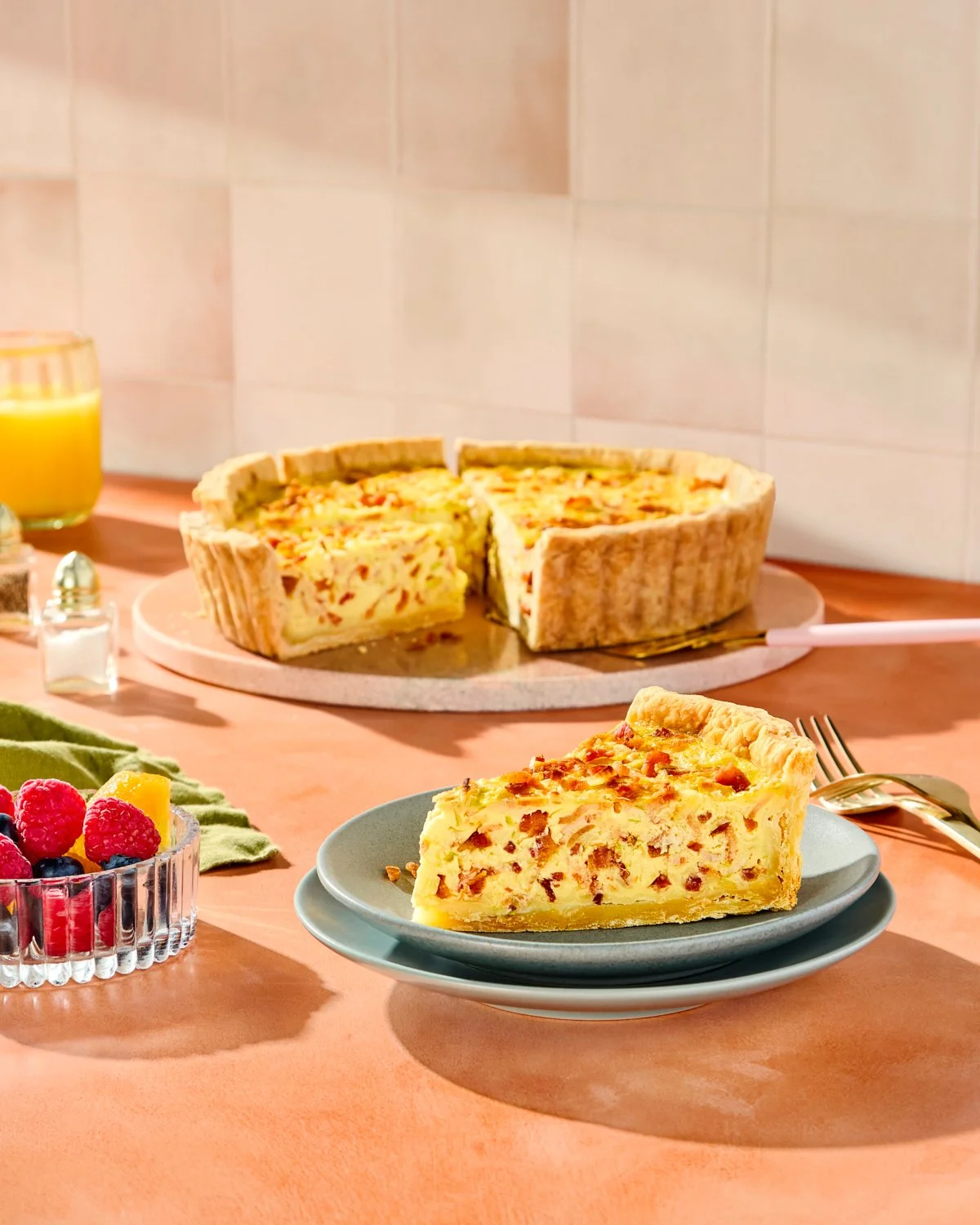 Bacon quiche Lorraine styled for brunch recipe photography for National Pork Board.
