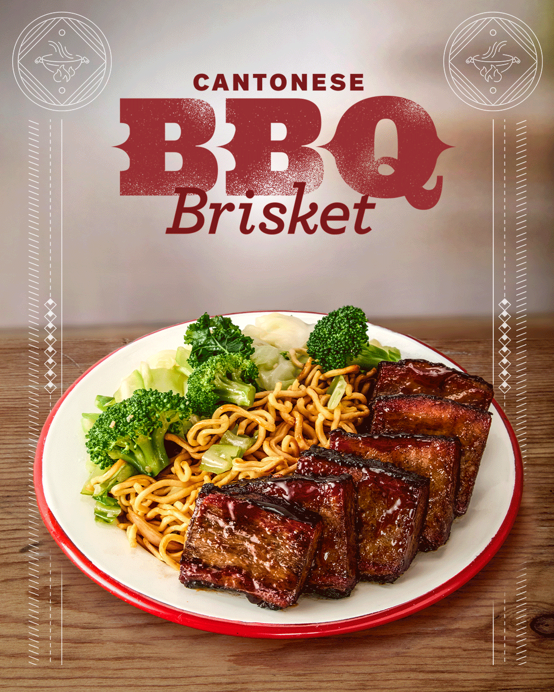 Panda Express Cantonese BBQ Brisket meal with chow mein, and broccoli, photographed for a national restaurant advertising campaign.