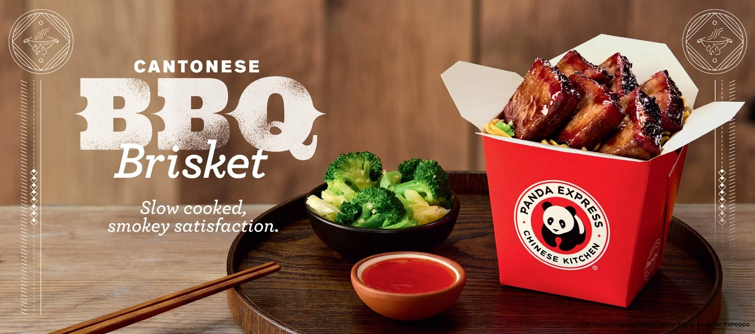 Panda Express Cantonese BBQ Brisket served over chow mein and broccoli for menu board photography and restaurant advertising.