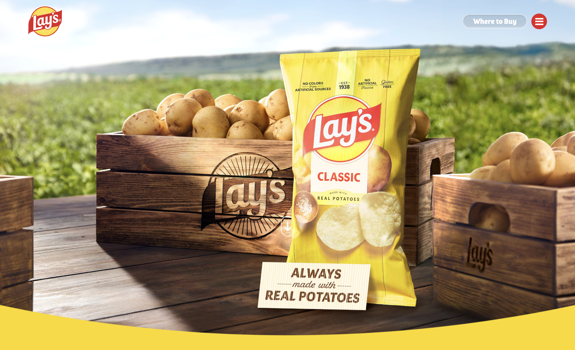 Commercial brand photography for Lay’s shot on a working potato farm in New Mexico, capturing open fields, soil texture, and natural light tied to the brand’s Rooted in Real campaign.