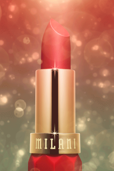 Coral lipstick in a gold tube with sparkling highlights and warm golden bokeh background, photographed for a luxury beauty advertising campaign.