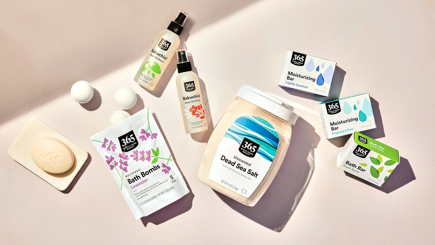 365 Whole foods market bath care products, commercial photograph taken by CPG photographer Leslie Grow, Austin TX