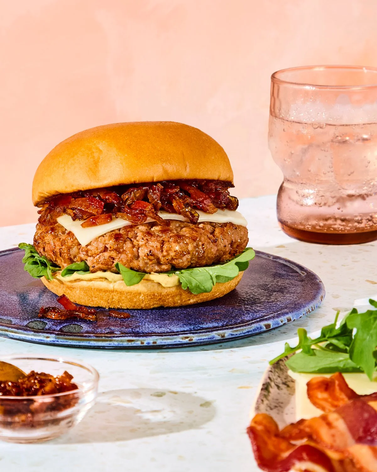 Brown sugar pork burger with bacon onion jam photographed for National Pork Board.