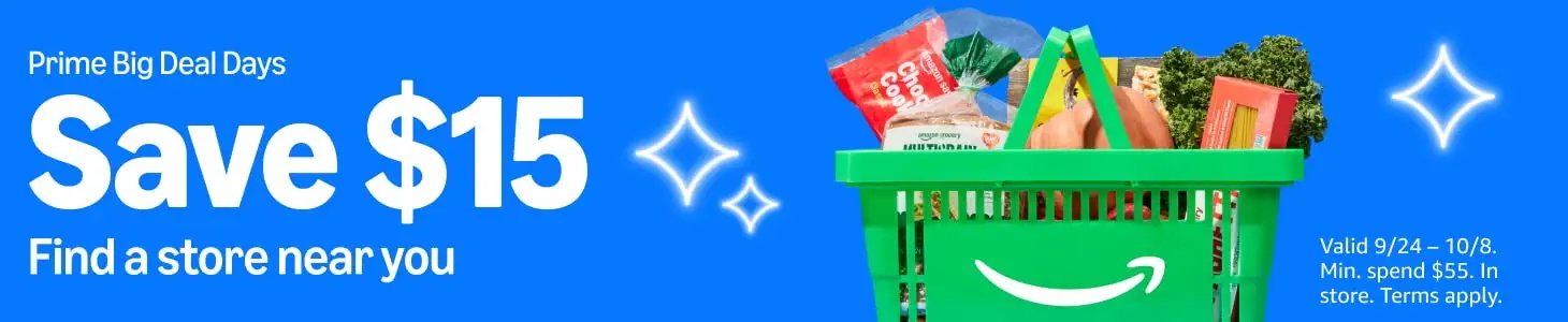 Amazon Fresh Prime Big Deal Days banner showing a grocery basket with promotional offer text on a blue background.