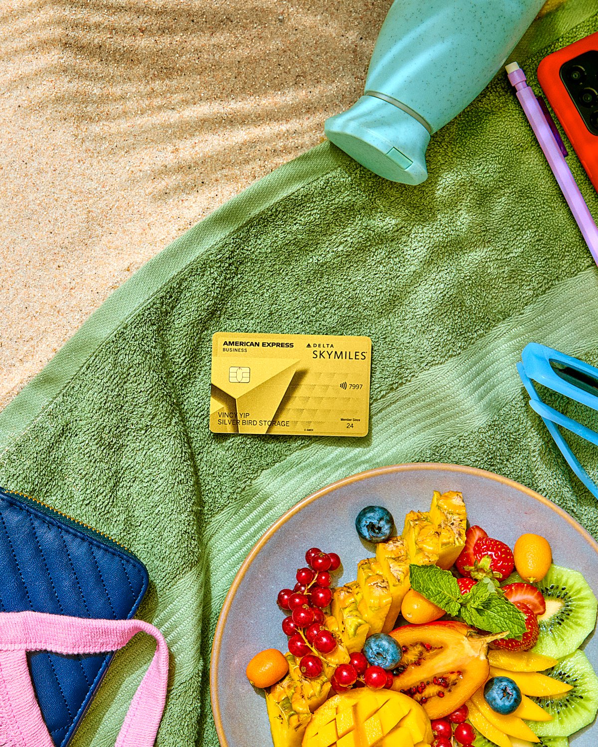 American Express and Delta Gold card styled for a travel and lifestyle campaign.