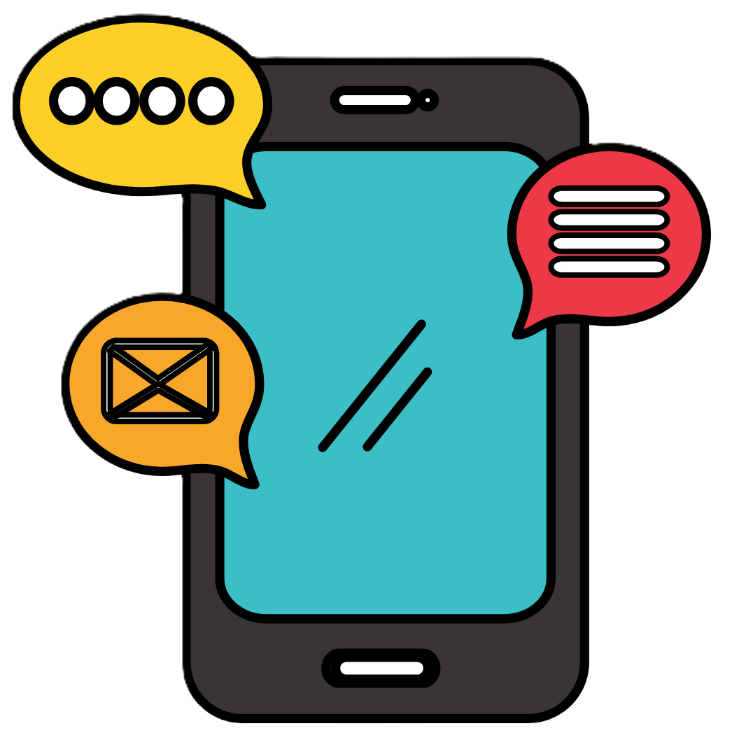 A smartphone surrounded by three speech bubbles representing messaging, email, and text conversations.