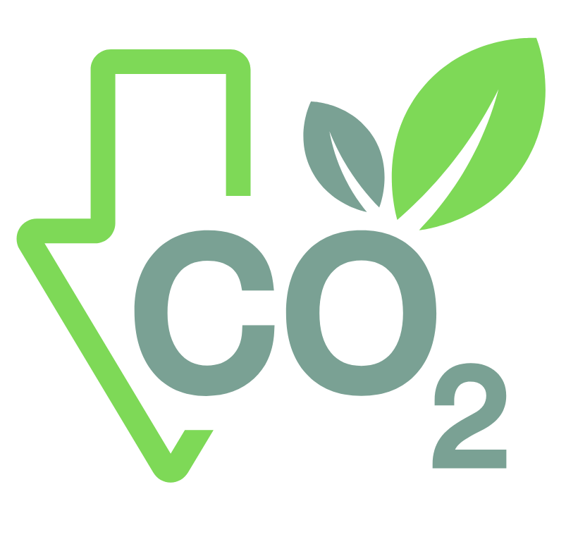 Eco-friendly logo featuring the outline of California, the chemical formula for carbon dioxide (CO2), and three green leaves.