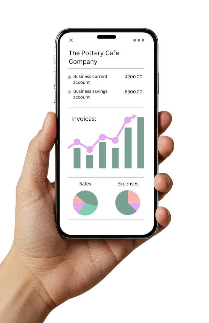 Hand holding a smartphone displaying financial data and charts for The Pottery Cafe Company, including account balances, graphs, and pie charts for sales and expenses.