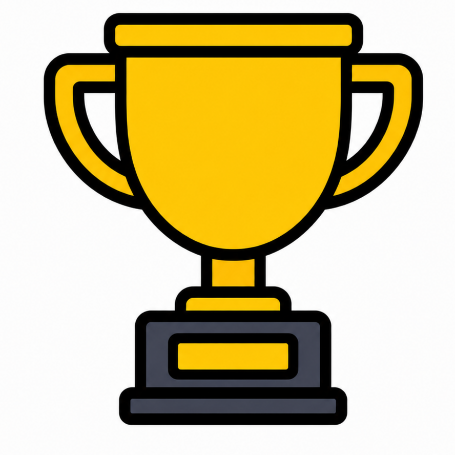 Digital illustration of a gold trophy cup with a black outline on a white background.