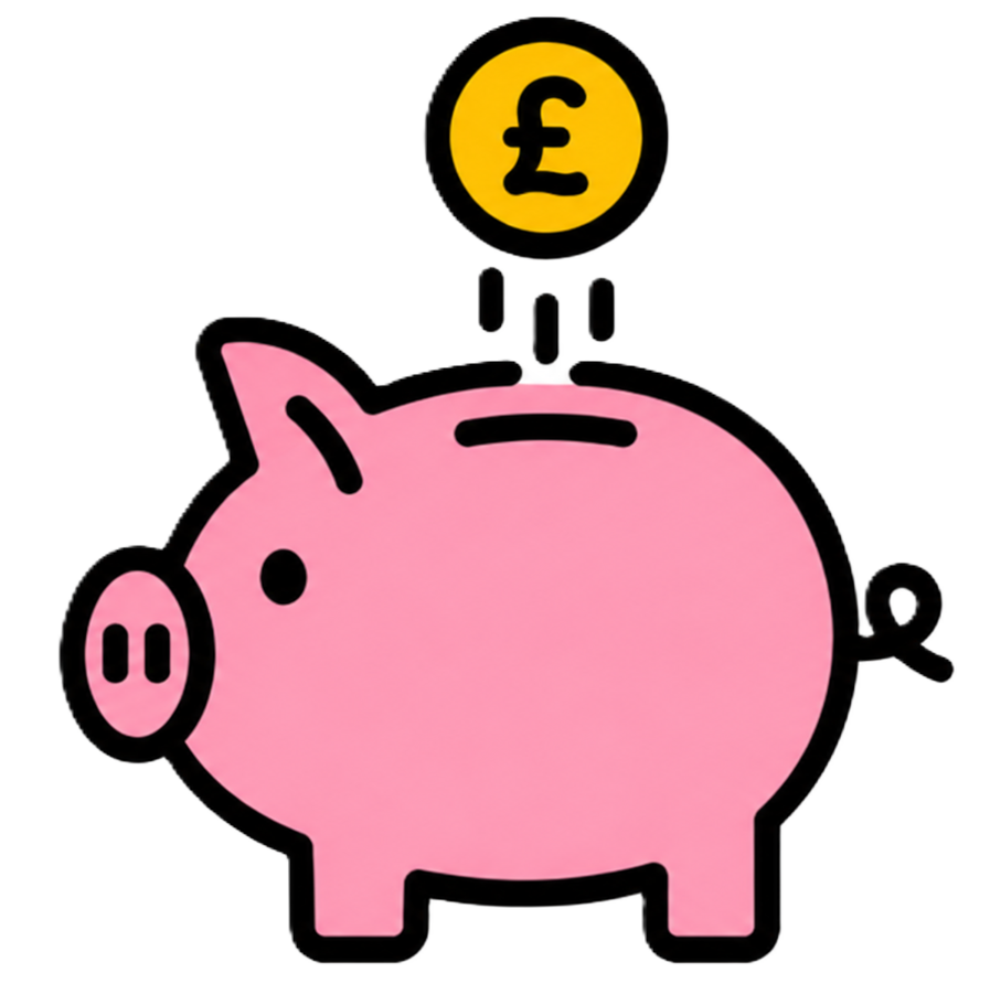 Pink piggy bank with a yellow coin featuring a pound symbol being dropped into it.