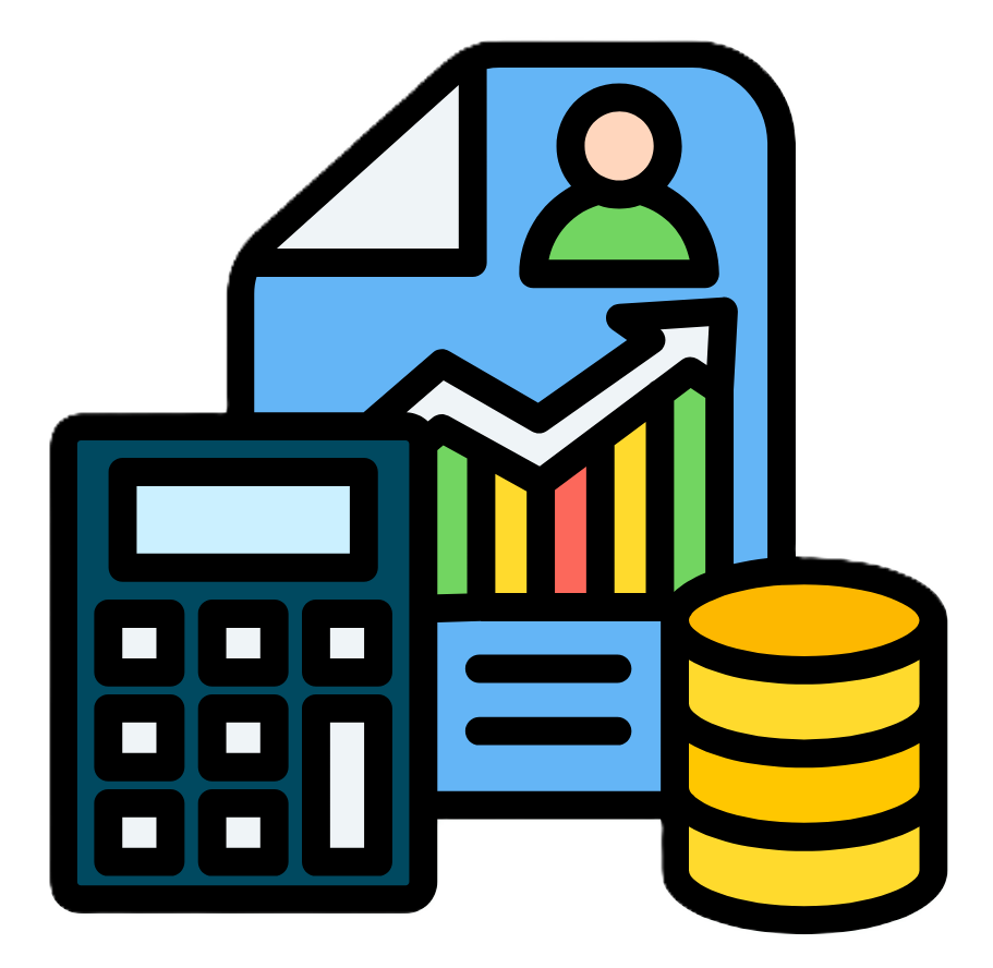 Illustration of financial growth with a document, calculator, coins, and a graph showing an upward trend.
