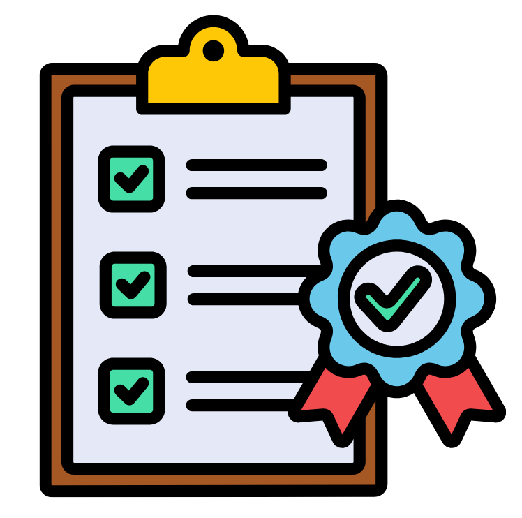Colorful illustration of a clipboard with a checklist, and a blue ribbon award with a checkmark in the center.