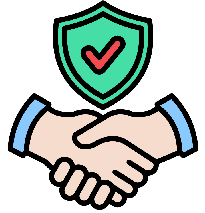 Illustration of a handshake with a shield and checkmark above, symbolizing trust or agreement.