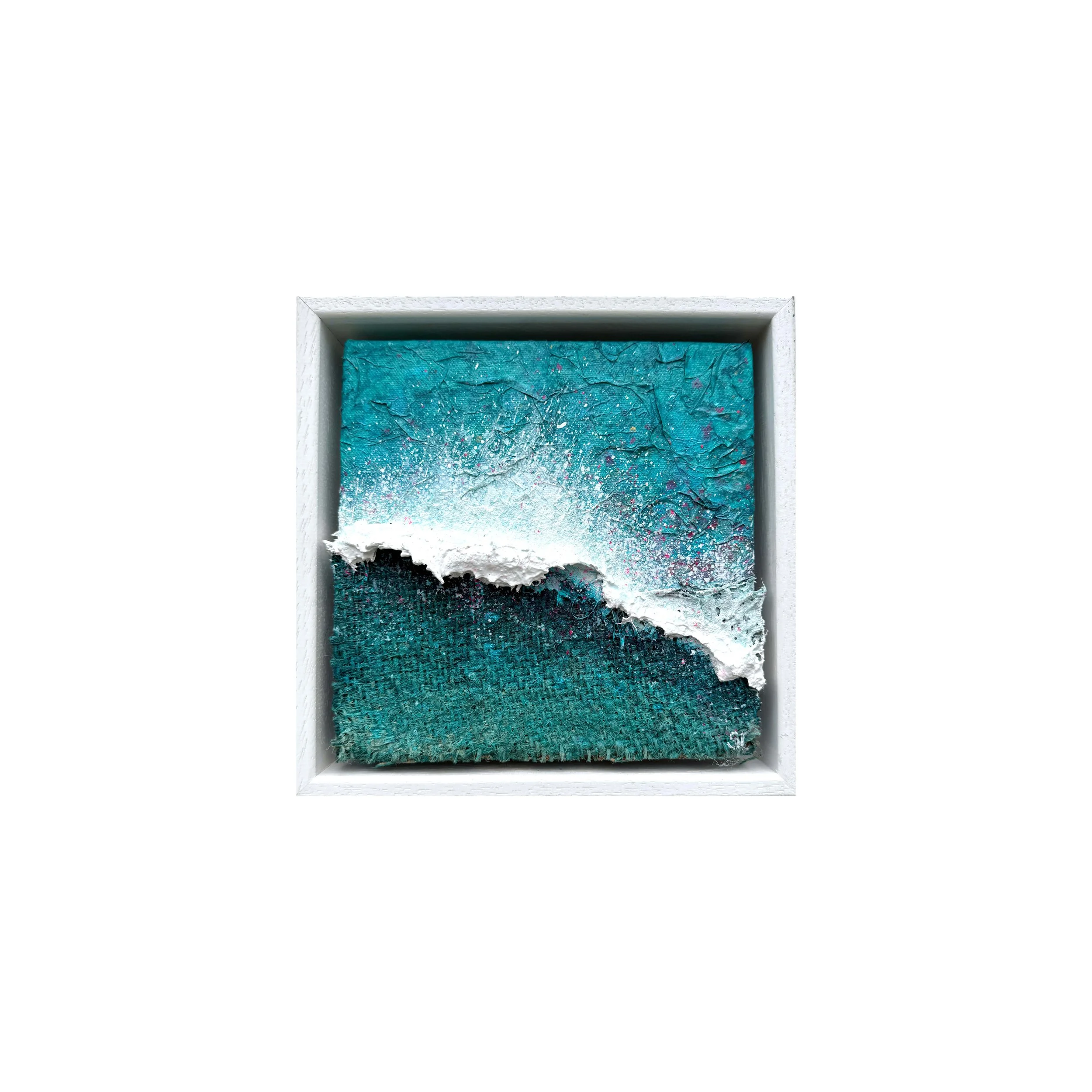 Breaking Away, a small original textured wave painting of Polzeath, Cornwall, by Gemma Lessinger In situ: Breaking Away Polzeath wave painting by Gemma Lessinger, framed in a white tray frame on a wal