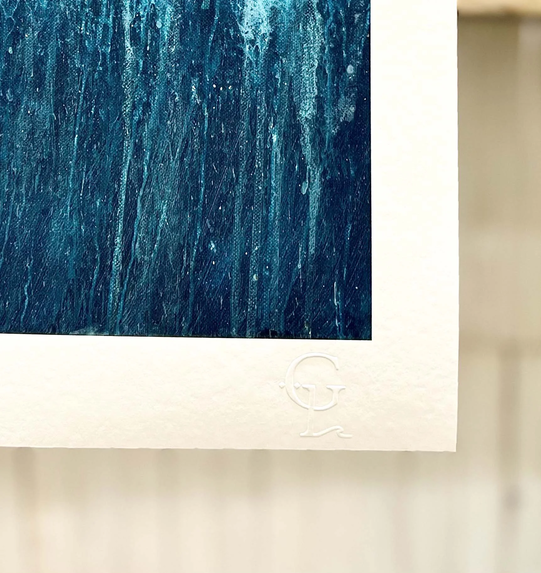 Fistral Flow art print by Gemma Lessinger — closeup of the embossed logo on the bottom right corner.