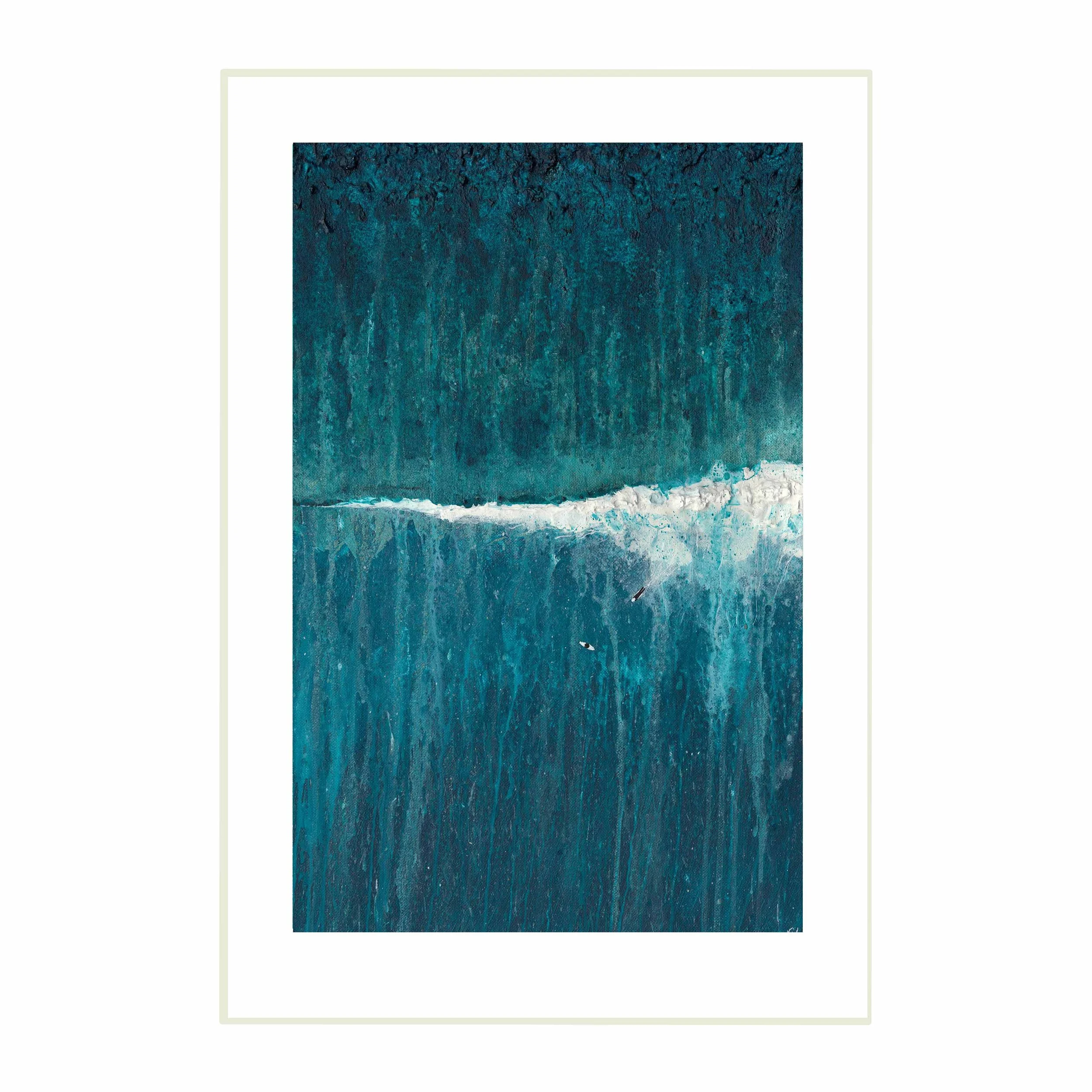 Surfs Up At Fistral art print by Gemma Lessinger — aerial view of surfers at Fistral Beach, Newquay, Cornwall