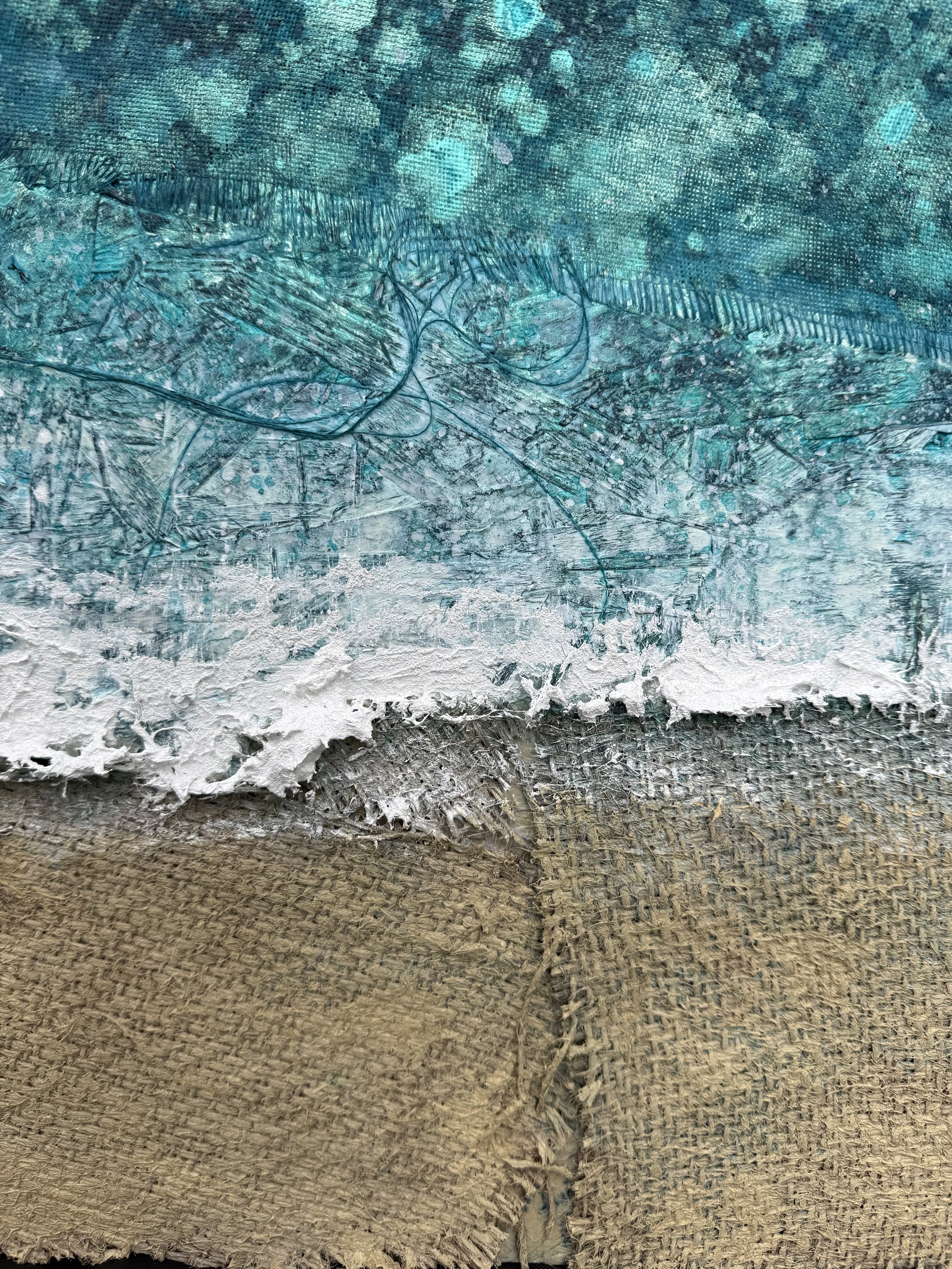 Close-up of coffee bean sack shoreline texture in The In-Between Hours Daymer Bay painting