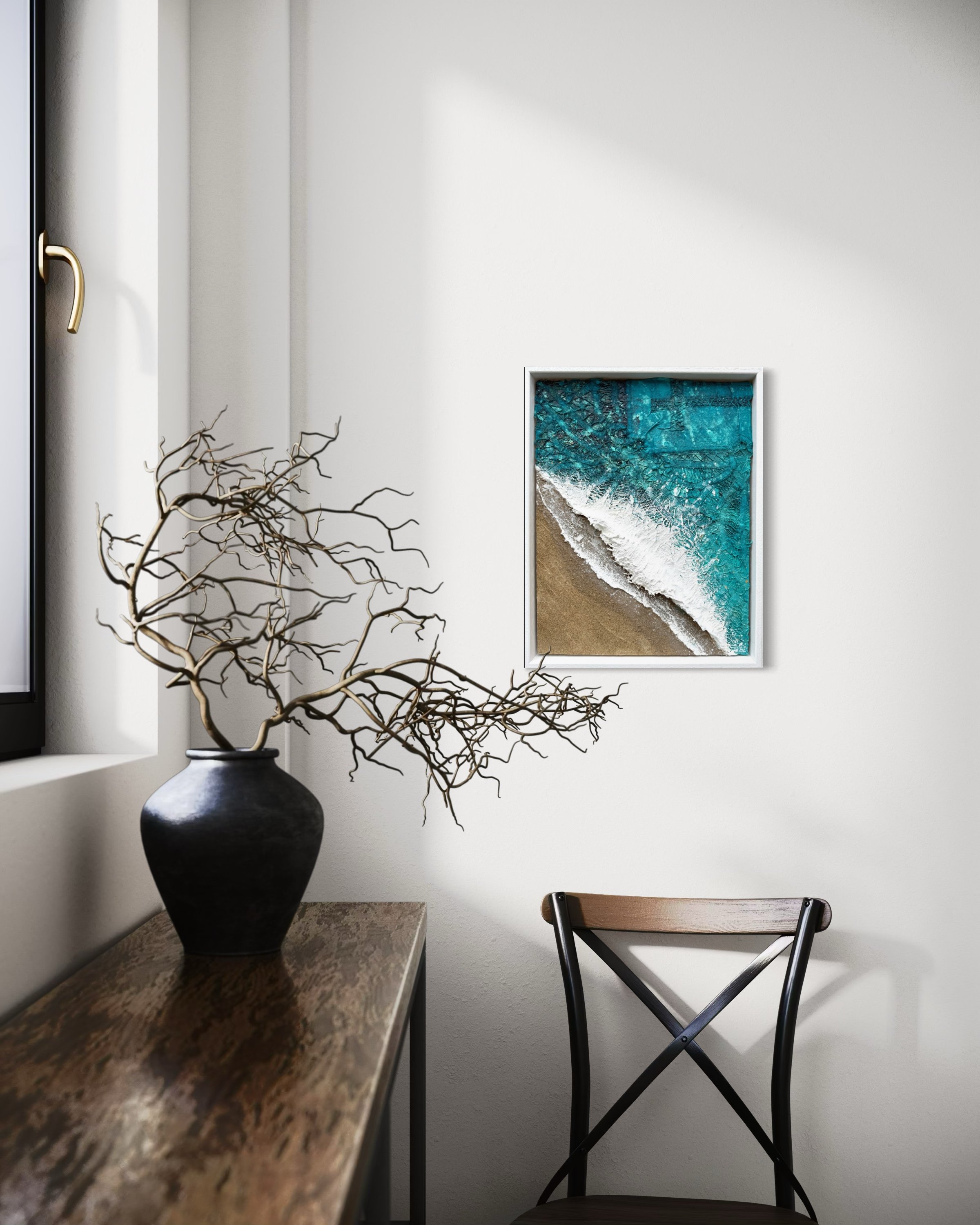 Woven in the Waves II Porthmeor painting by Gemma Lessinger, framed in a white tray frame on a wall