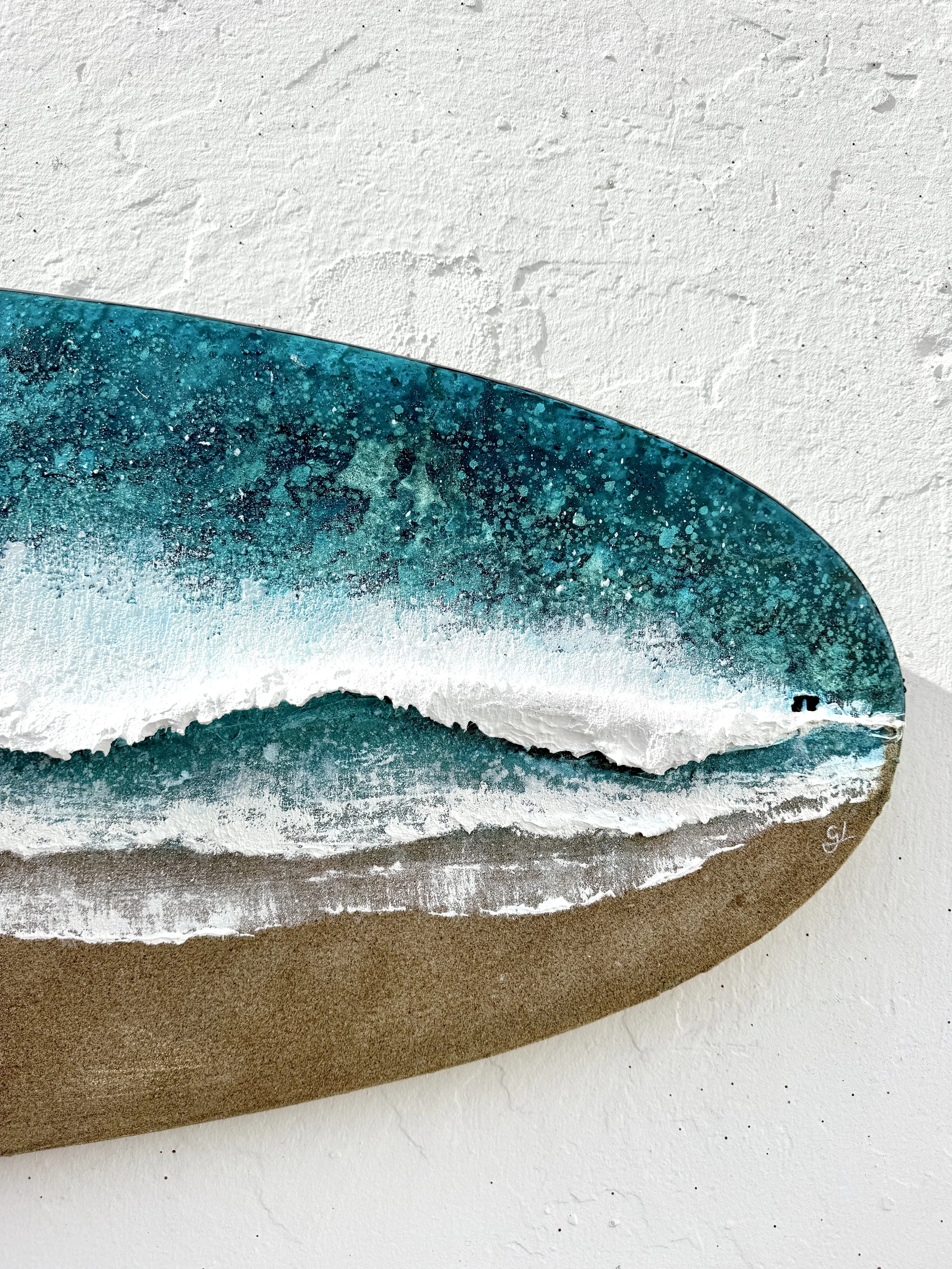 Fistral Surf surfboard painting displayed against a wall to show scale