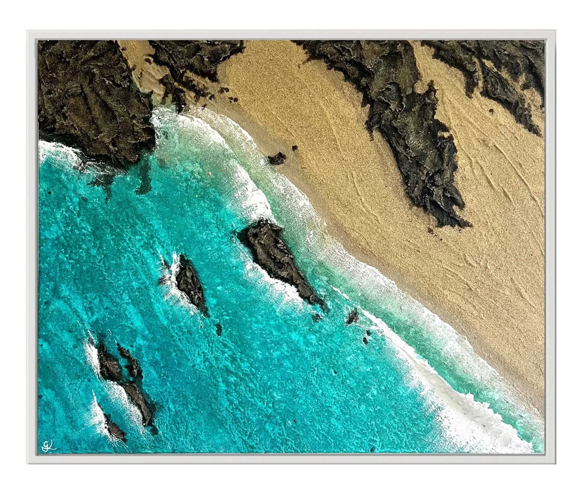 Textured beach painting of Crantock in Newquay, Cornwall, showing waves breaking onto the shoreline and rock formations