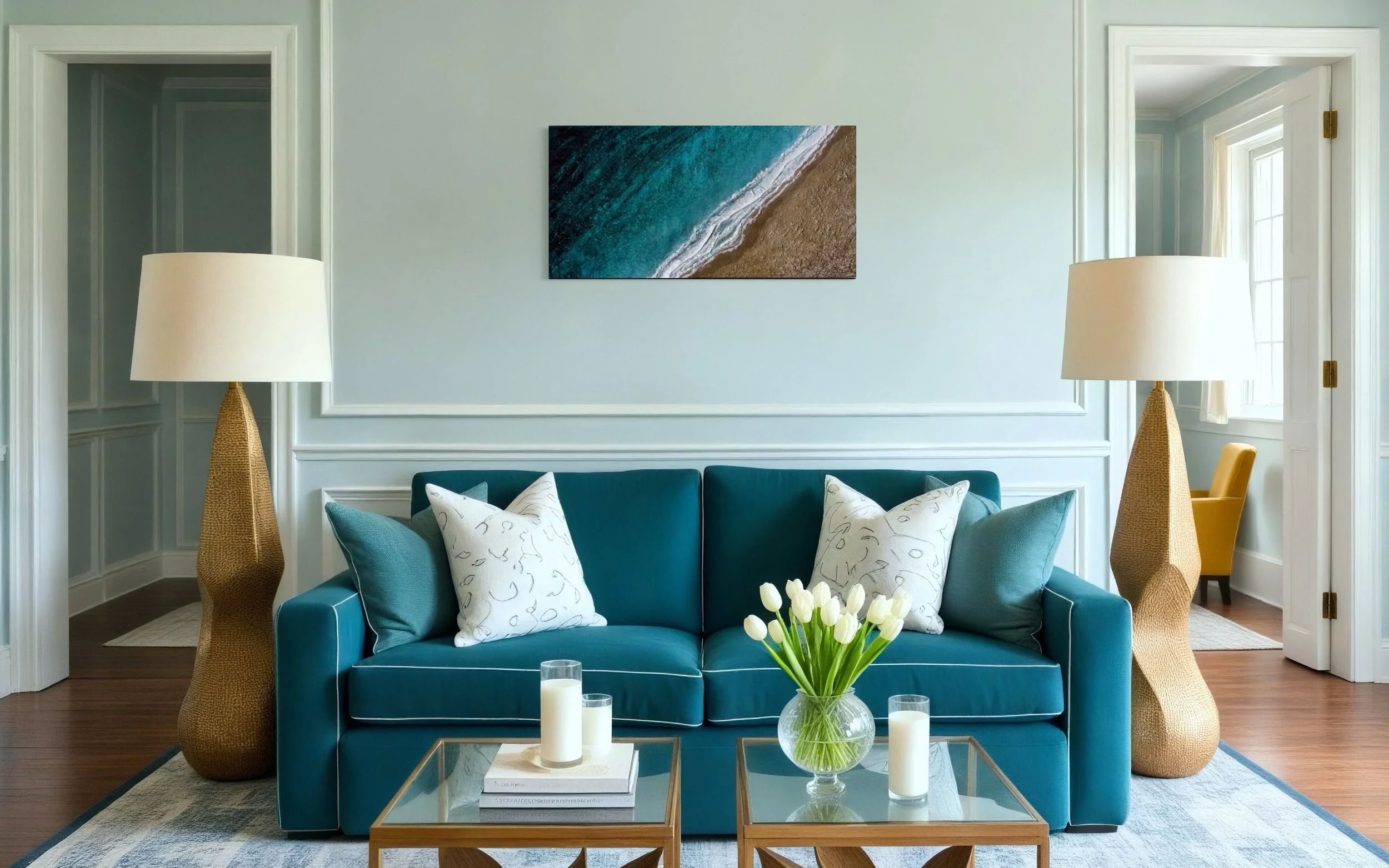Moments on the Shoreline canvas art above a teal velvet sofa between two gold lamps