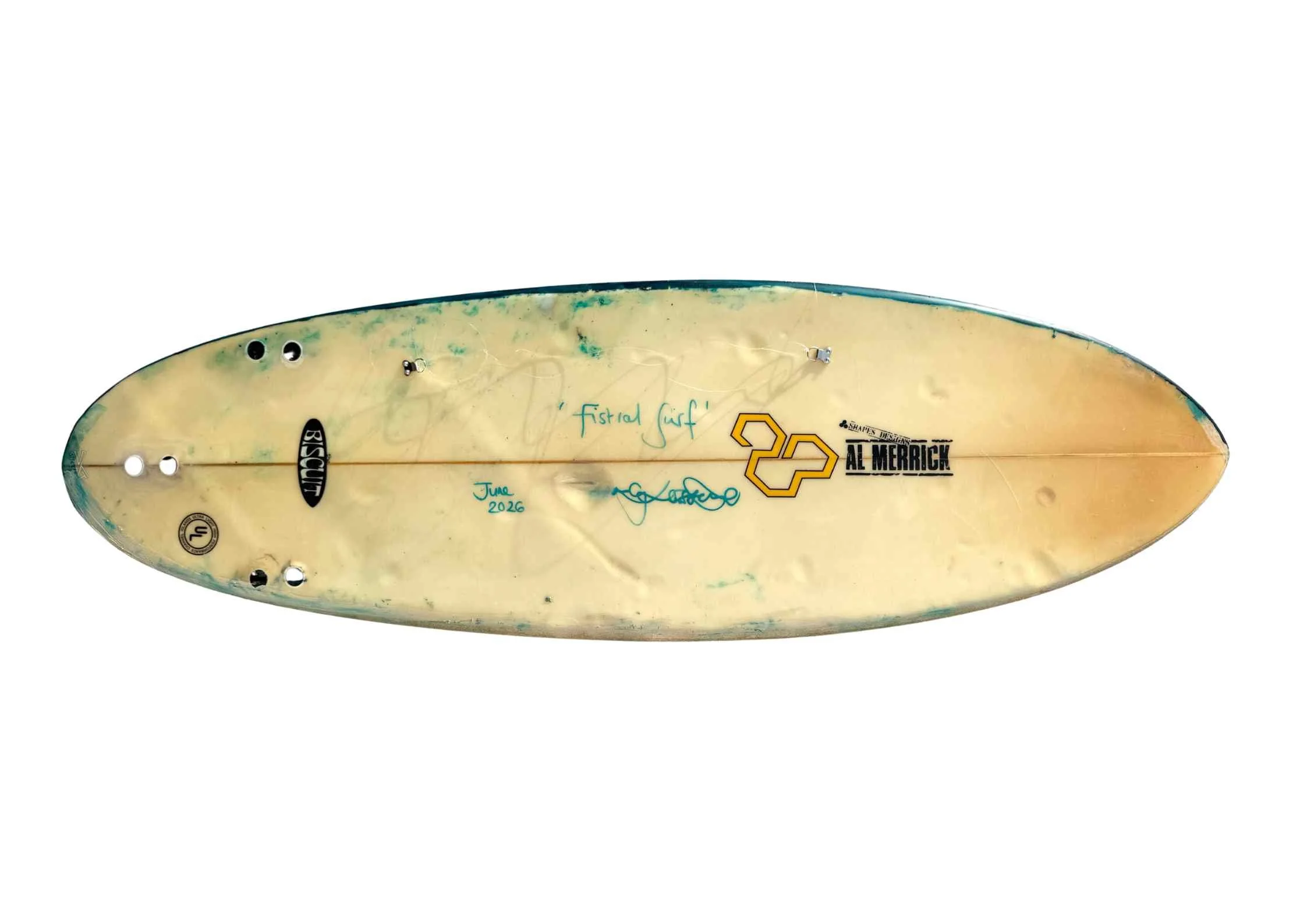 Back of Fistral Surf surfboard painting showing hanging fixtures